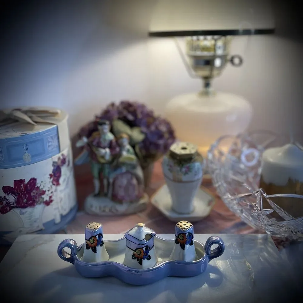 Mini Vintage Noritake Japan Luster Condiment Set Salt Pepper Mustard on Tray